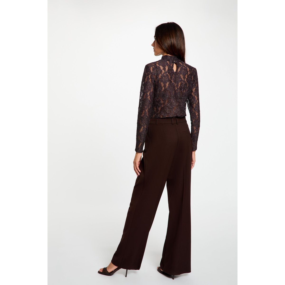 Pantalon large taille haute marron foncé, MORGAN