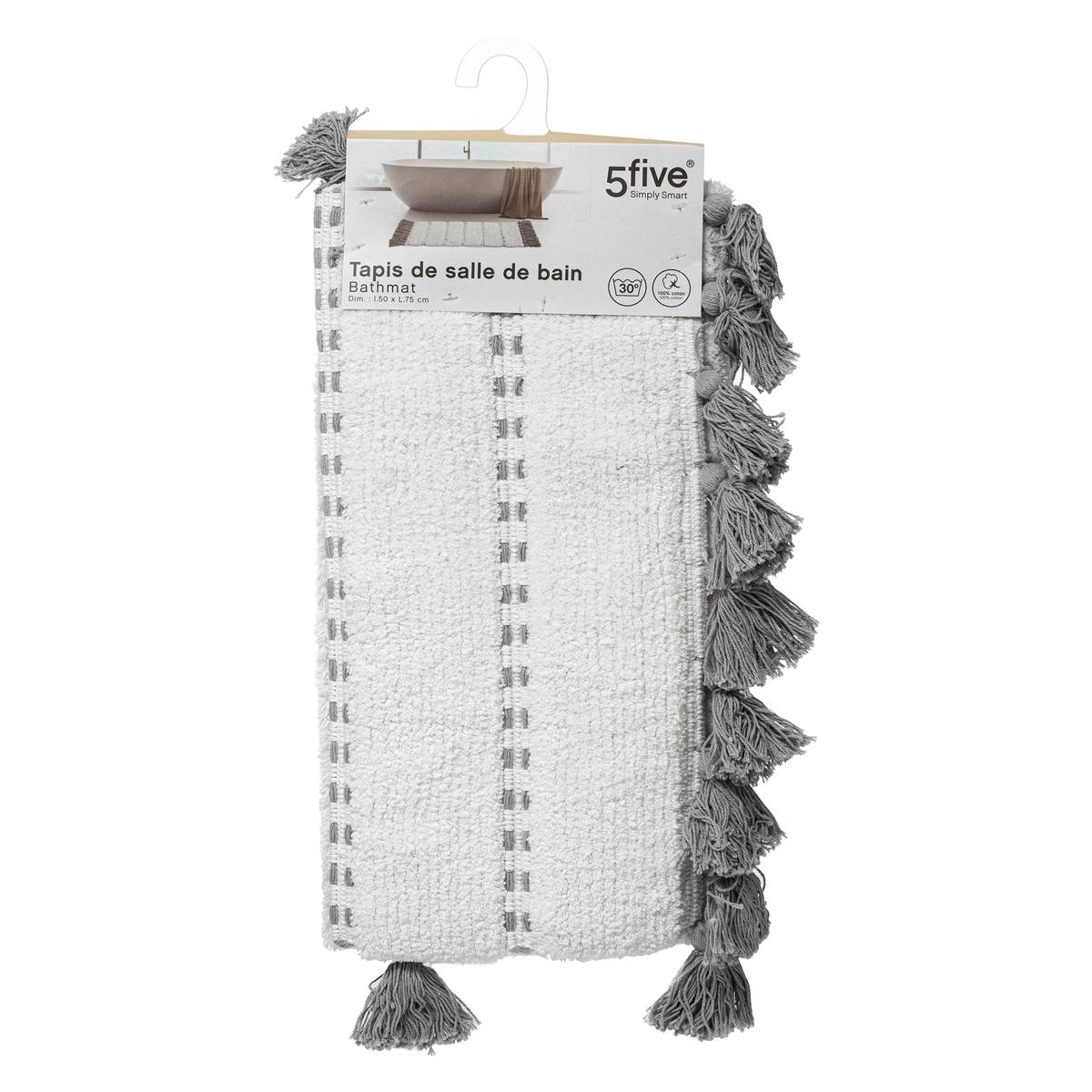 Tapis de bain en coton à franges 50x75cm SOLAR POWER gris, 5FIVE SIMPLY SMART