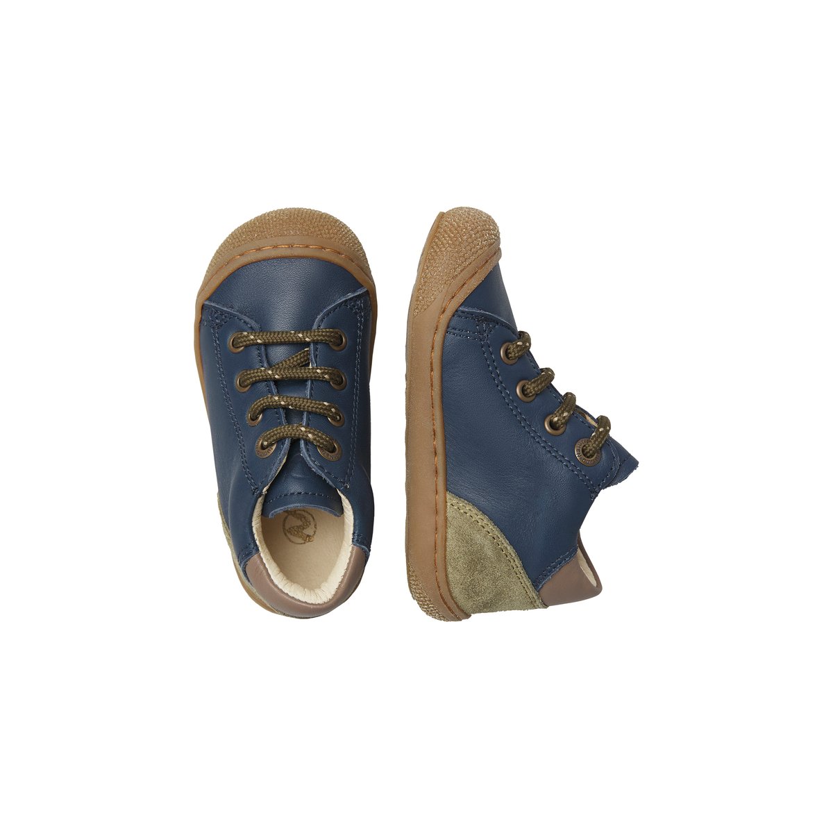 Chaussons premiers pas en cuir et en daim ROMY marine-kaki, NATURINO