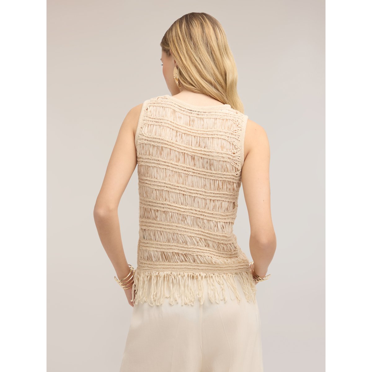 Top macramé à franges beige, MOTIVI