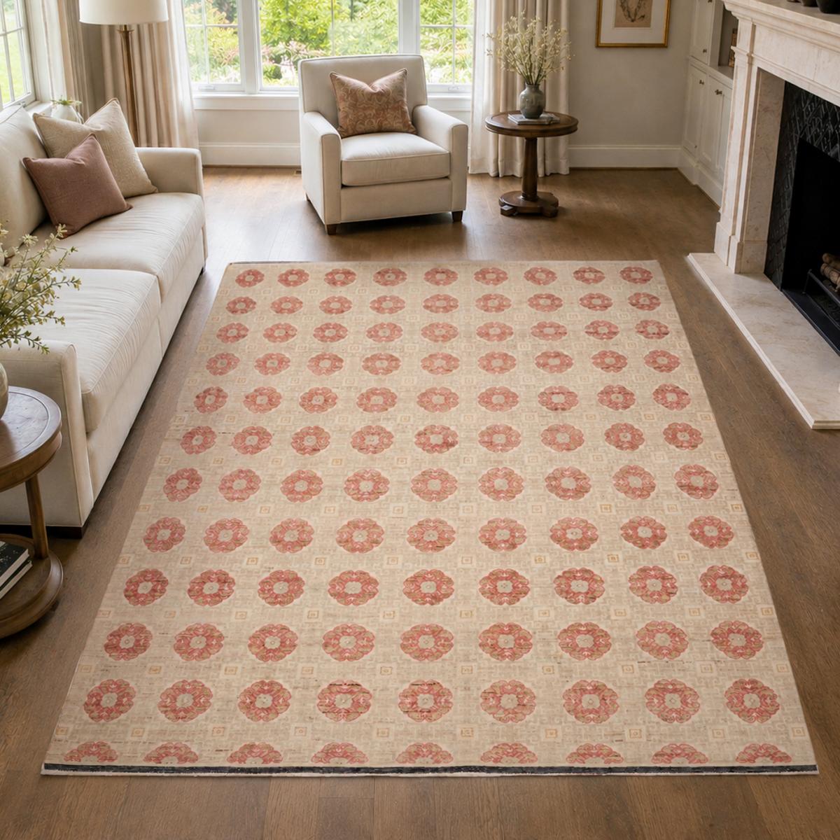 Tapis salon, motif nature floral, artisanal noué main en laine beige, crème, rose, UN AMOUR DE TAPIS
