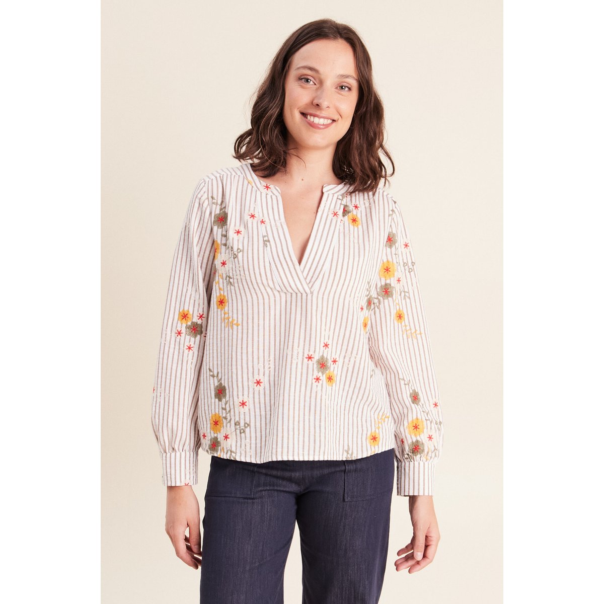Blouse col v manches longues vert, BREAL