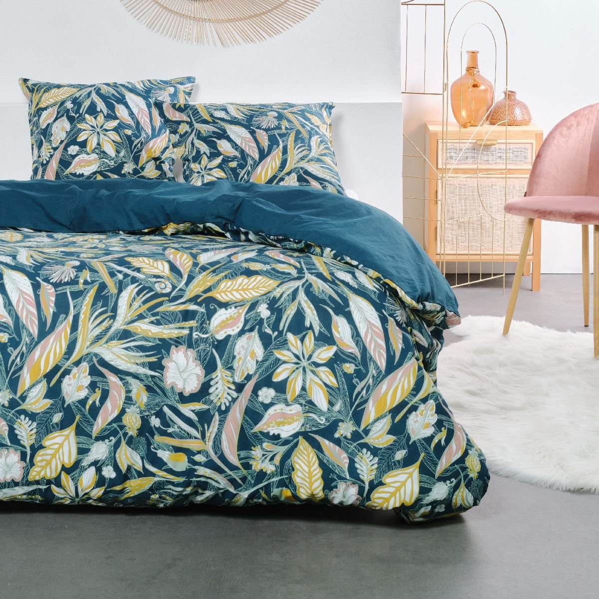 Parure de lit imprimé floral coton SUNSHINE IRIS bleu, TODAY