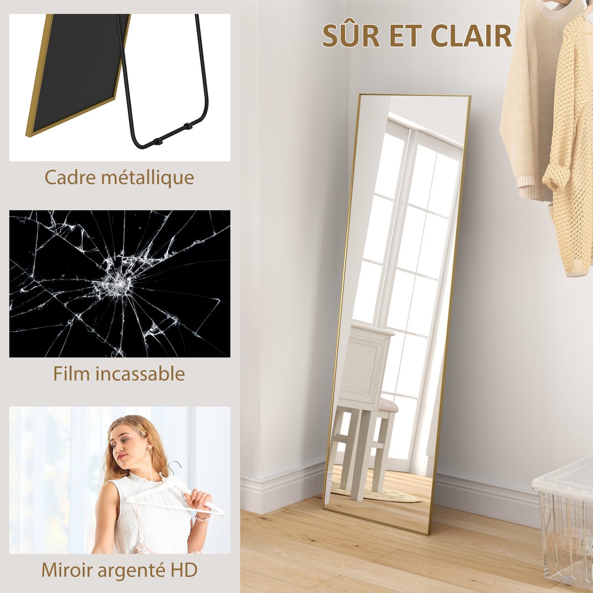 Miroir en pied Verre Or jaune, HOMCOM