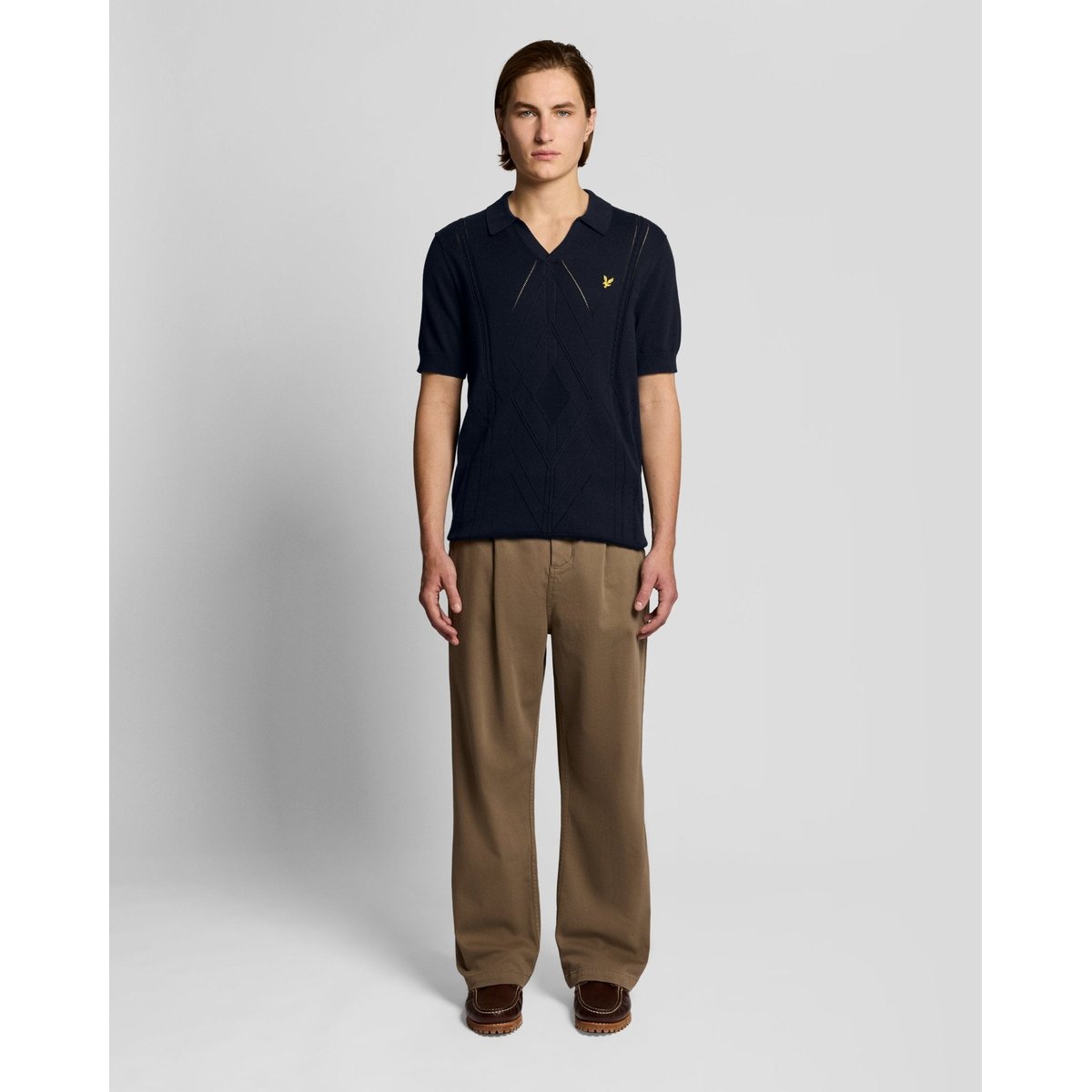 Polo col ouvert à losanges en maille bleu foncé marine, LYLE & SCOTT