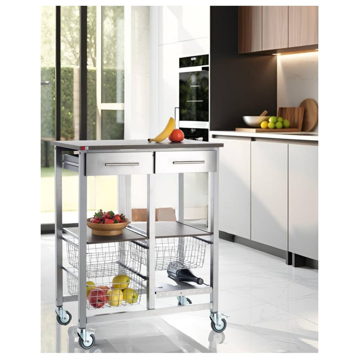 Grande desserte de cuisine à roulettes ONDA ALUMINIUM DOUBLE avec 2 tiroirs et 3 paniers cerisier le gard, DON HIERRO