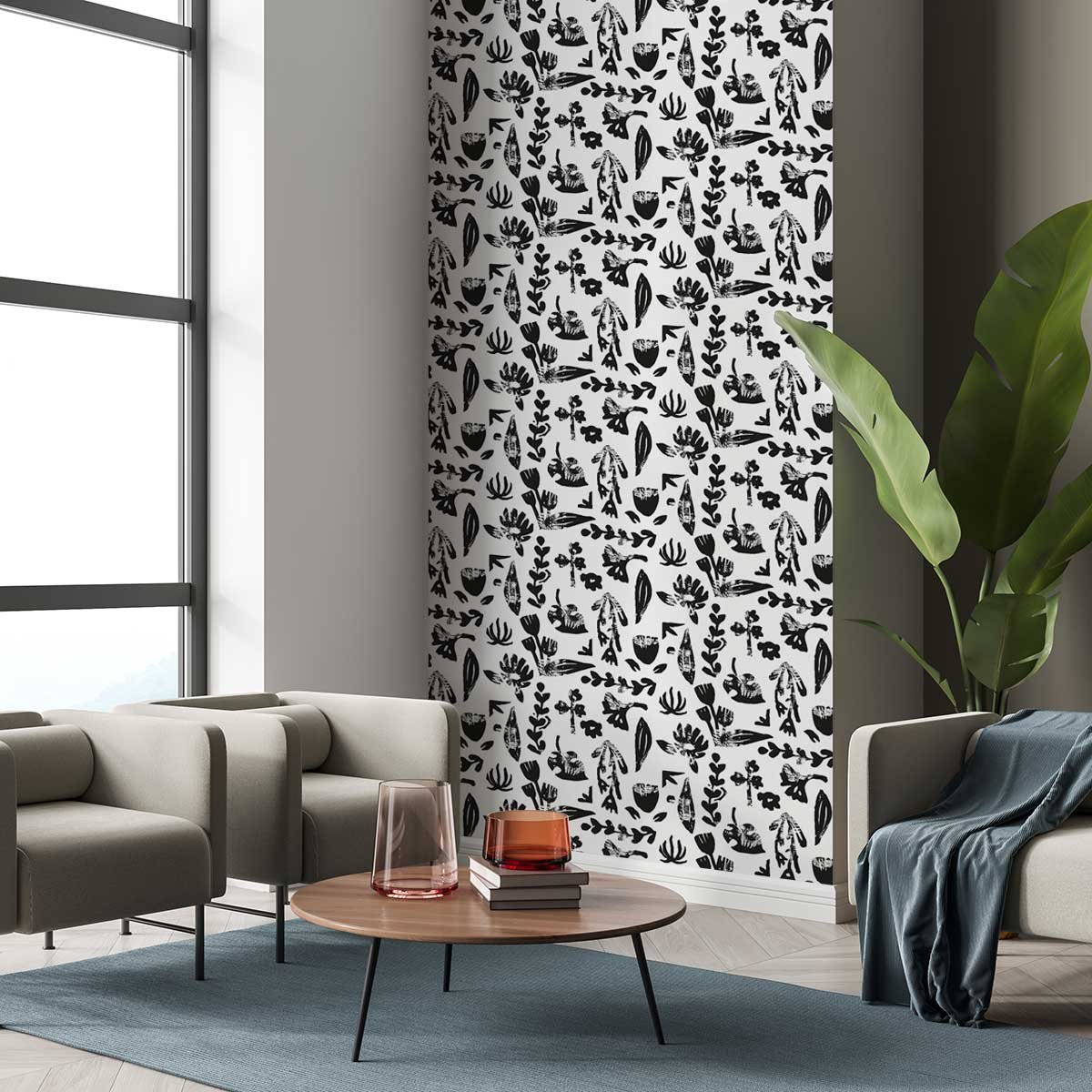 Papier peint fleur noire intissé, HEXOA