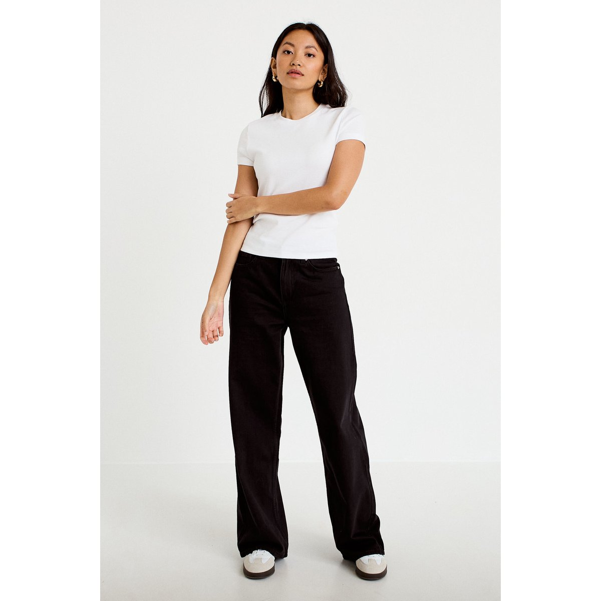 Jeans wide leg taille haute denim noir, CACHE CACHE