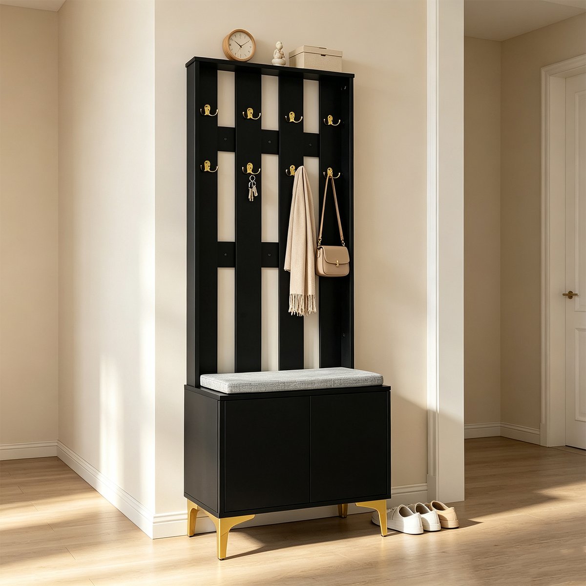 Vestiaire d'entrée ondulé avec banc et rangement, PORTER-A noir, MEUBLES COSY