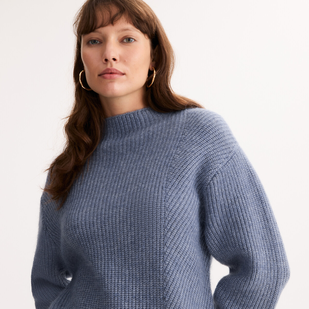 Robe pull en tricot, mi-longue, manches longues bleu glacier, ANNE WEYBURN
