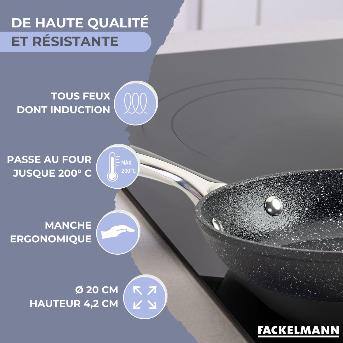 Poêle 20 cm fonte alu revêtement antiadhésif céramique sans PFAS gris,noir, FACKELMANN