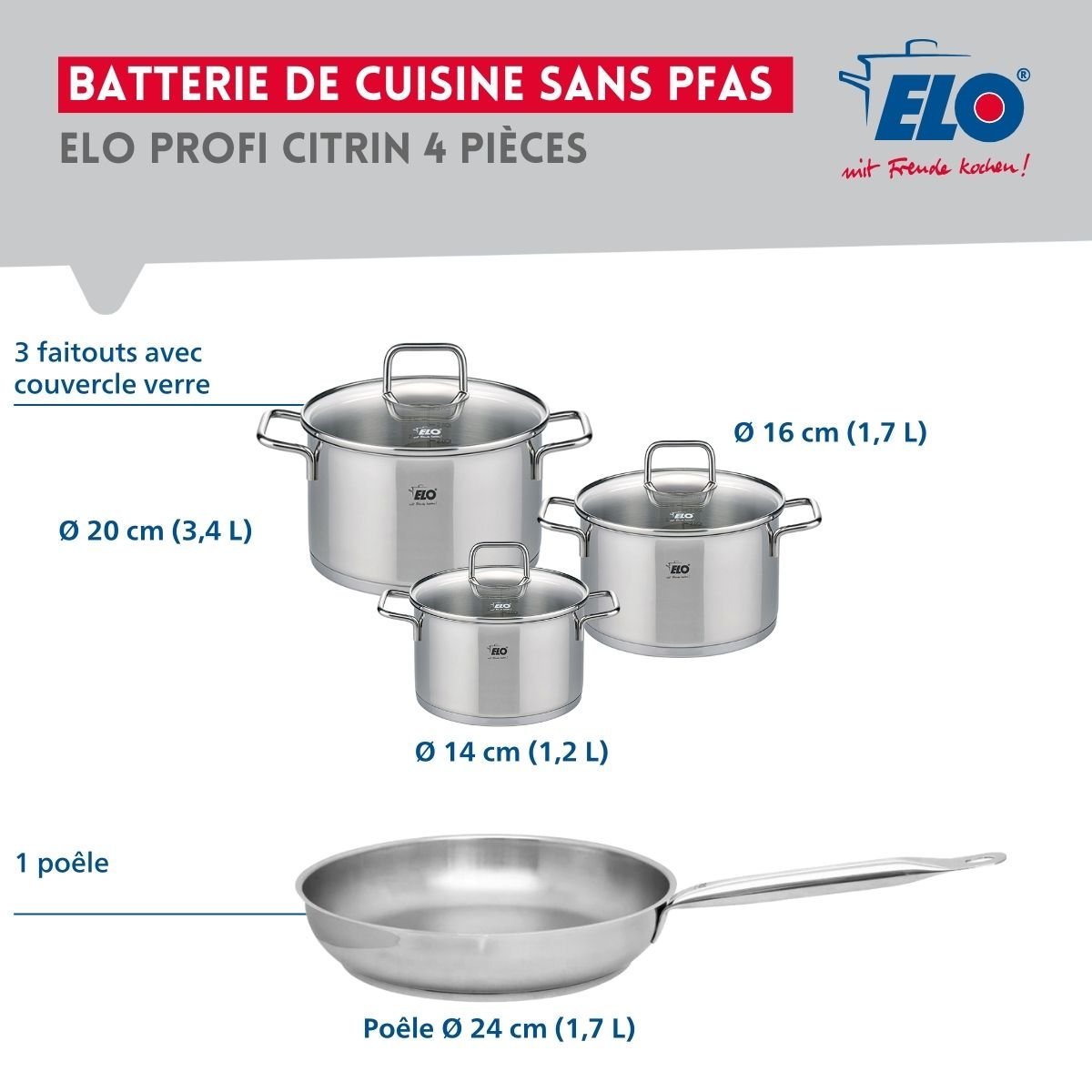 Batterie 1 poêle 24cm + 3 faitouts 14/16/20cm PROFI CITRIN gris, ELO