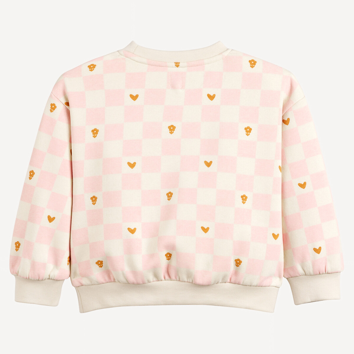 Fleece Crew Neck Sweatshirt with Checkerboard and Heart Print print/ecru background, LA REDOUTE COLLECTIONS