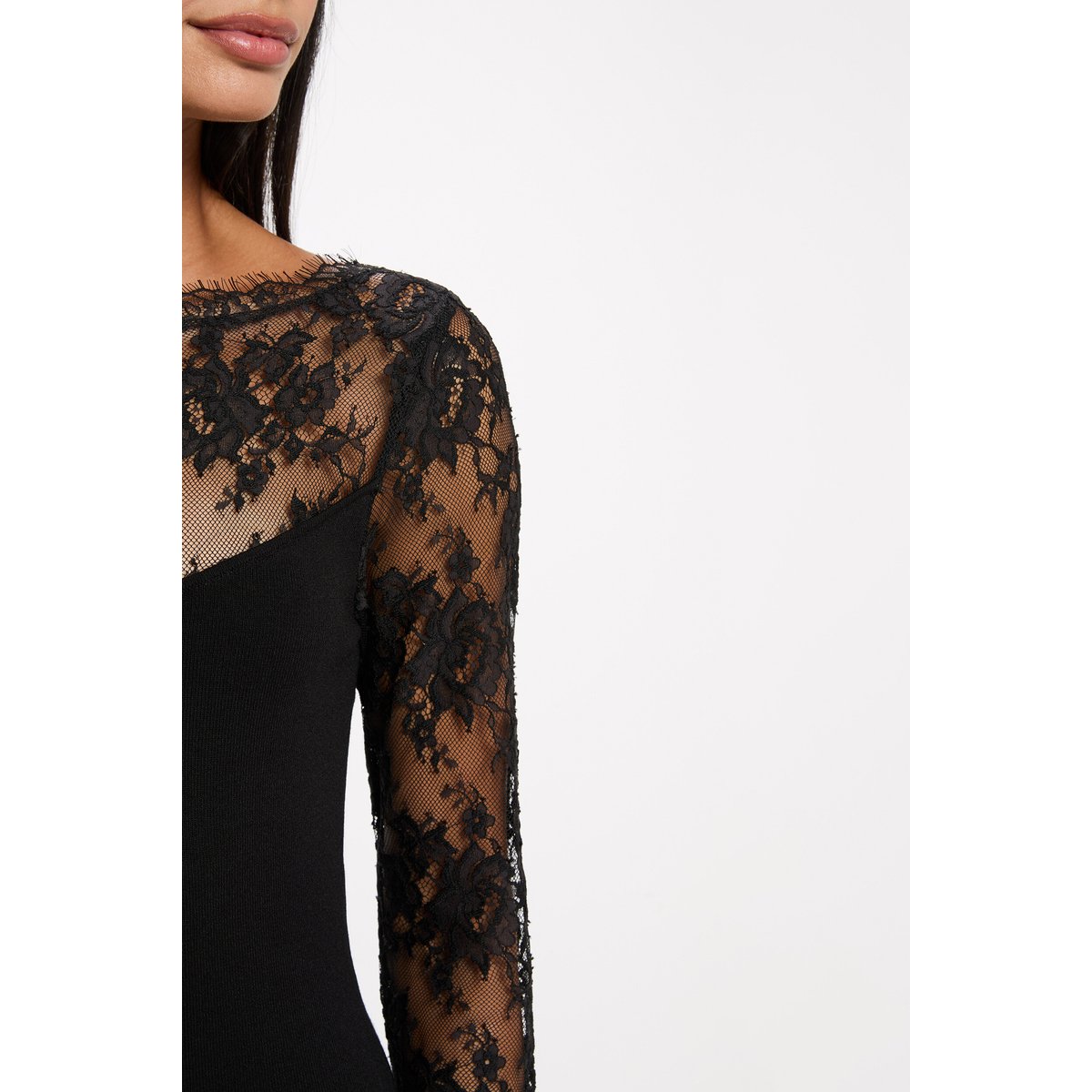 Robe dentelle manches longues noir, MORGAN