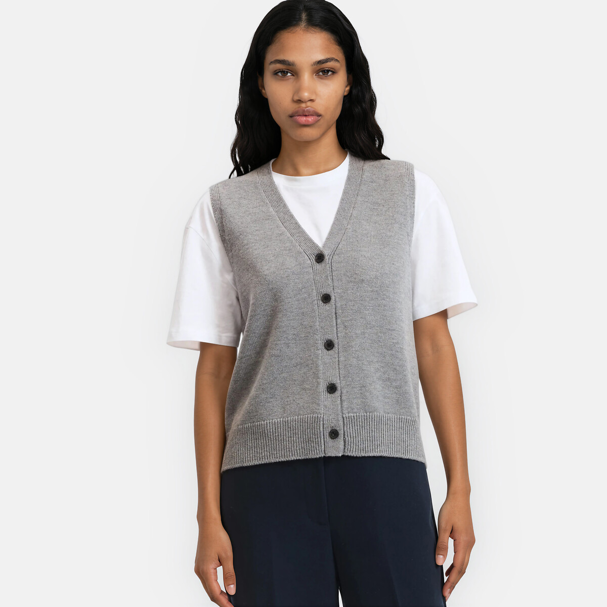 Gilet court en laine, col V, sans manches, boutonné gris chiné, LA REDOUTE COLLECTIONS