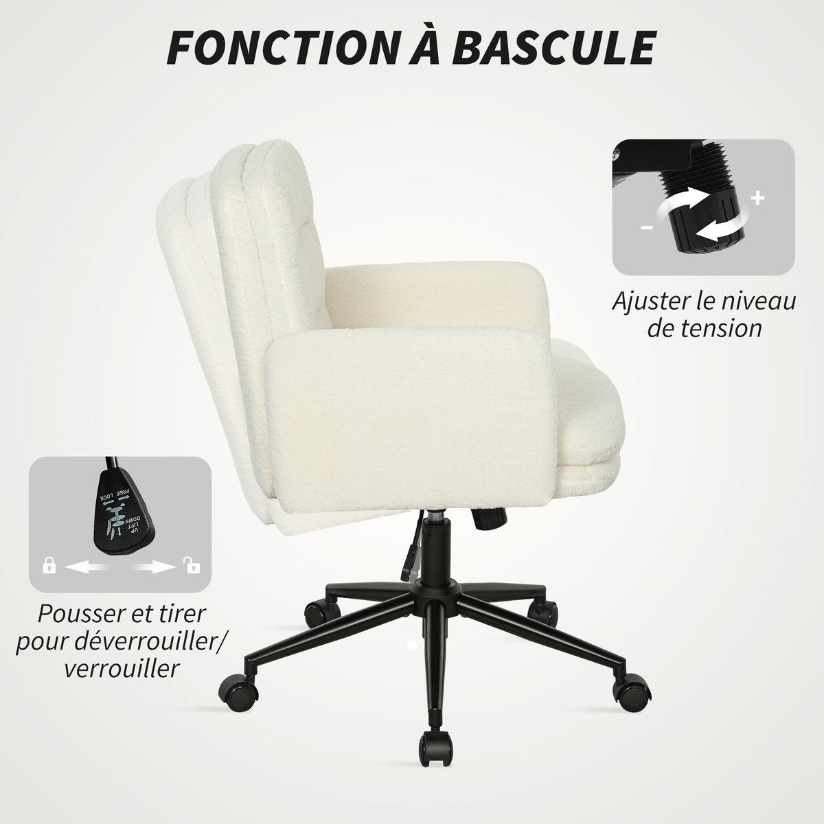 Chaise de bureau Tissu effet laine bouclée crème, HOMCOM
