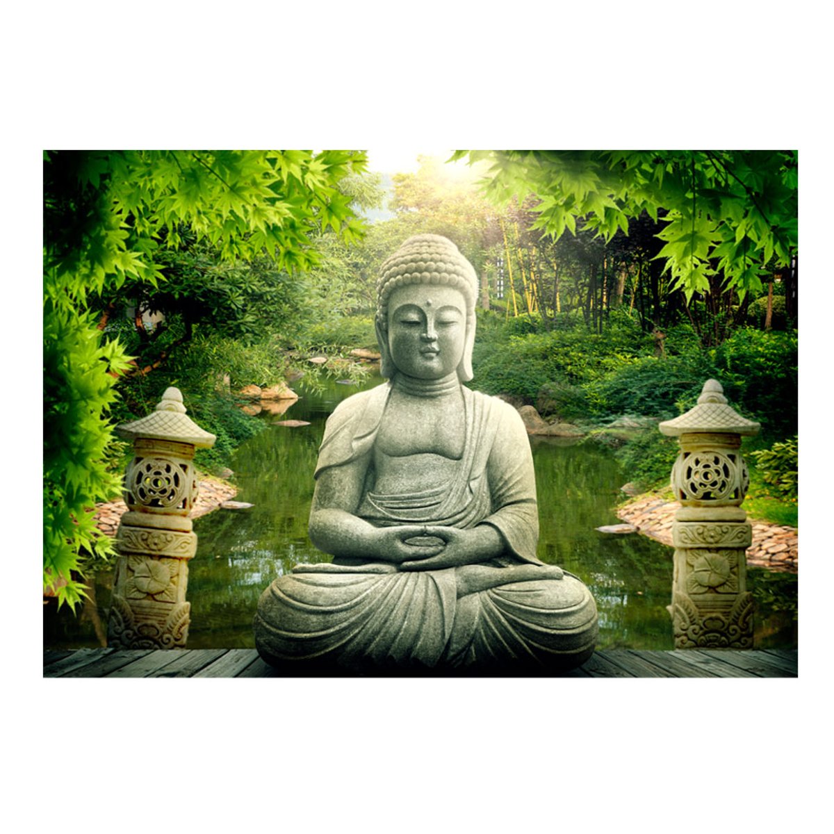 Papier peint intissé panoramique Orient Buddha's garden vert, EDEN