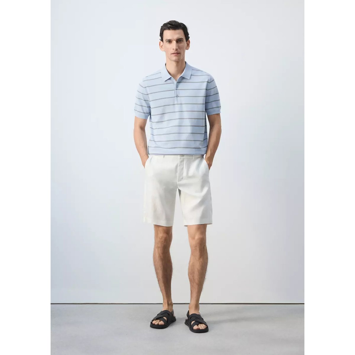 Polo maille fines rayures bleu ciel, MANGO MAN
