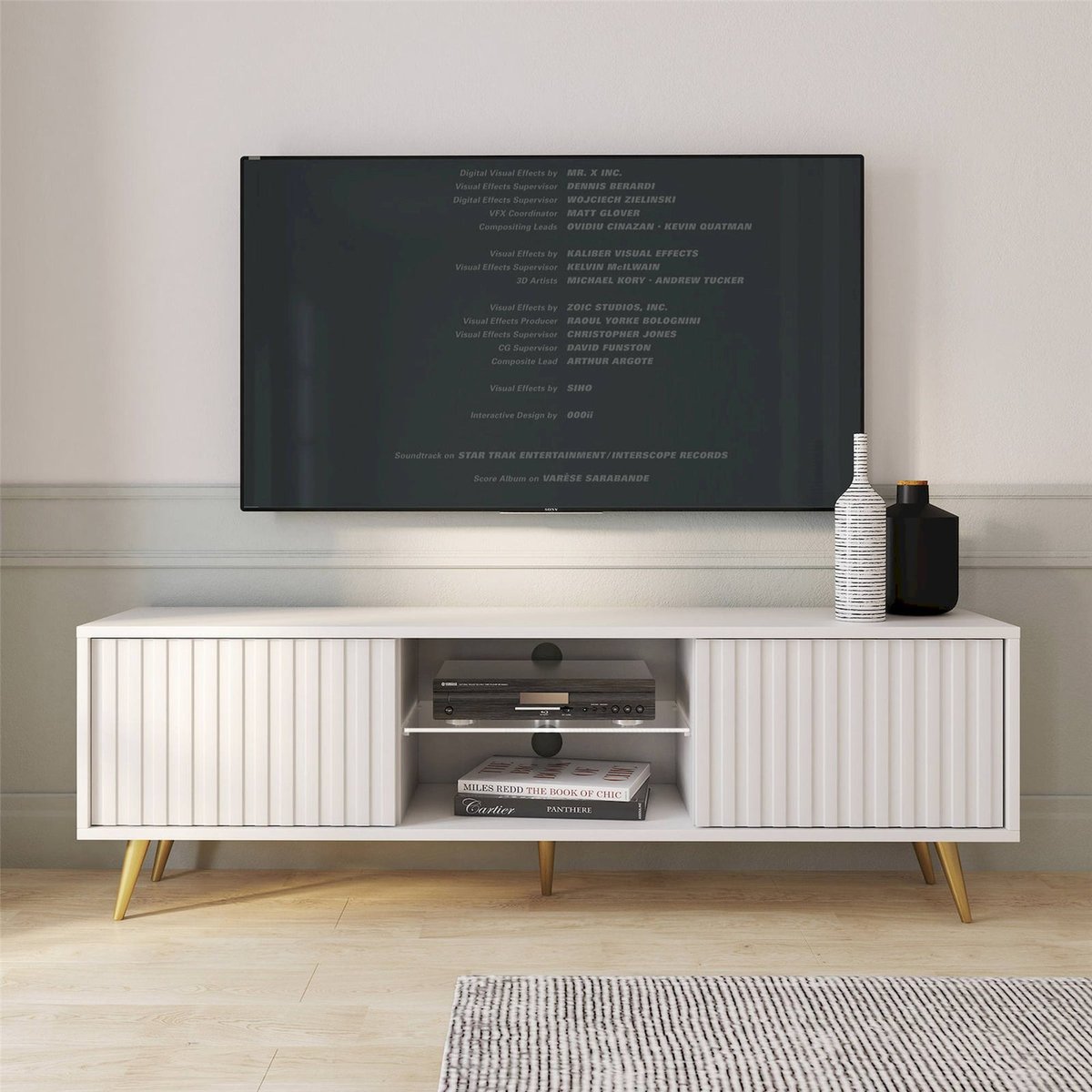 Meuble tv à façades lamellées et LED BELLO blanc, RECOLLECTION