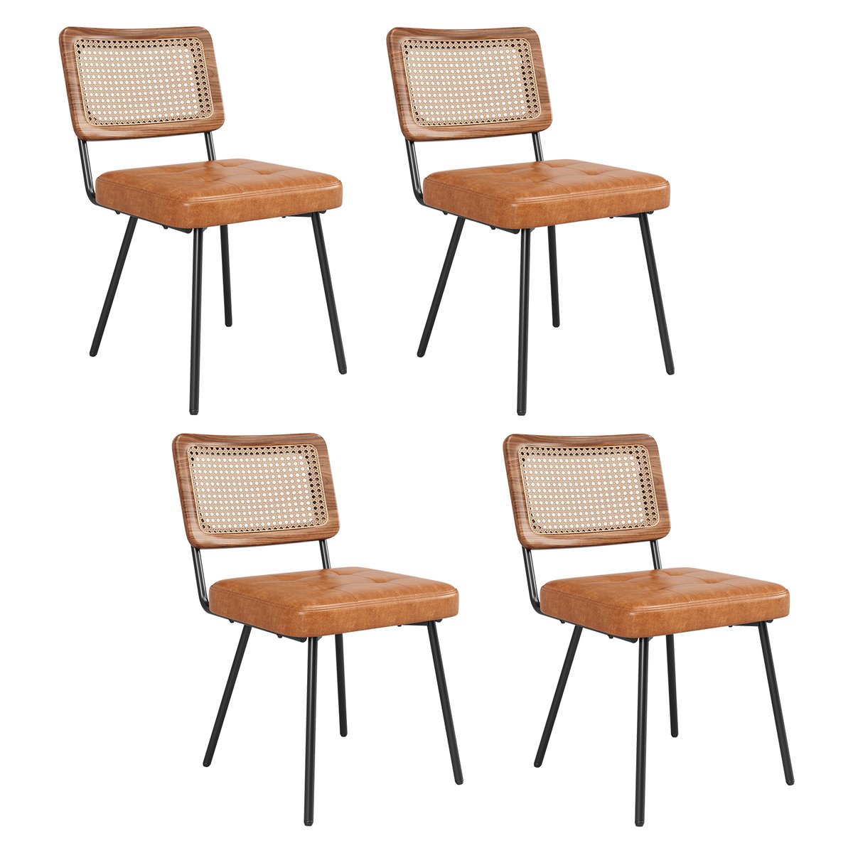 Lot de 4 chaises de salle à manger en simili cuir avec dossier en rotin PE style rétro moderne, KAROMIR marron, MEUBLES COSY