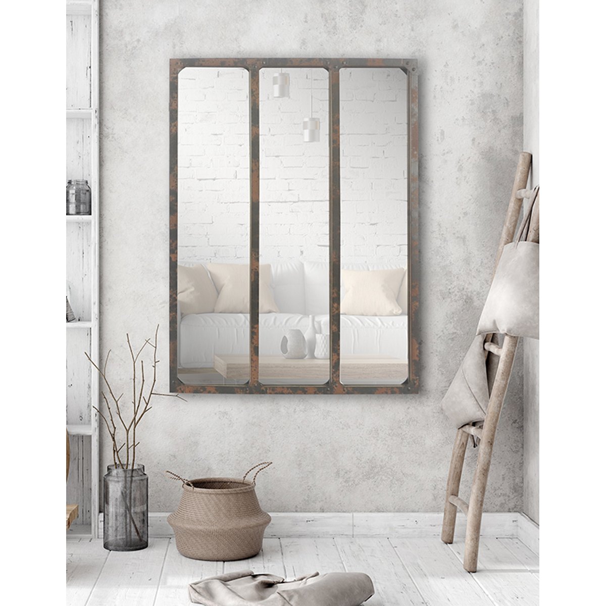 Miroir industriel 3 bandes effet rouillé avec rivets 60x80cm marron, EMDE