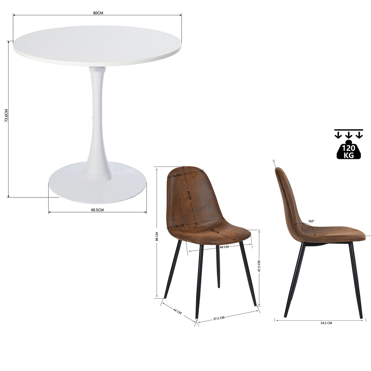Ensemble table à manger ronde avec 4 chaises, CLIFTWHITESET white brown, MEUBLES COSY