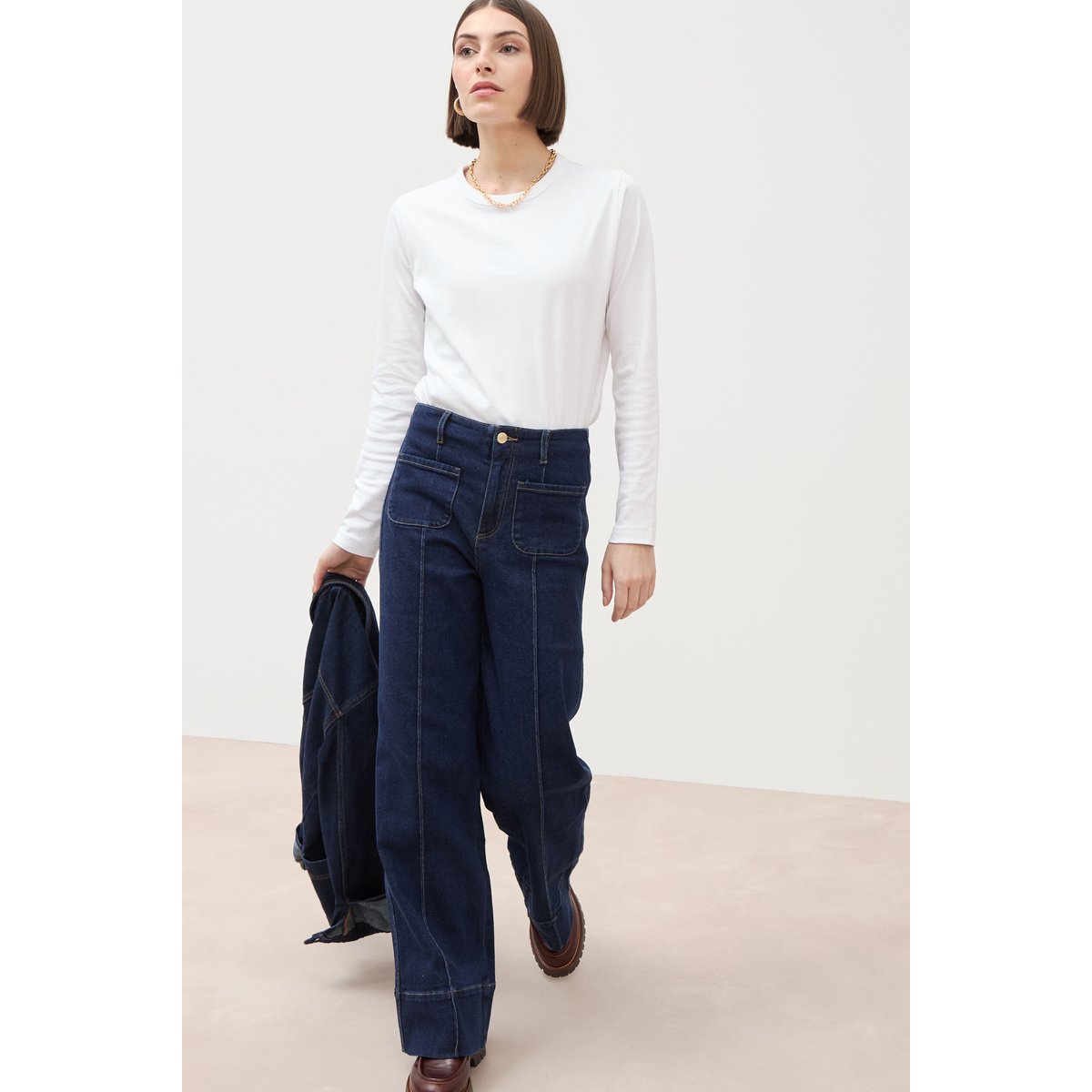 Jeans wide large taille haute denim brut rinse, BONOBO