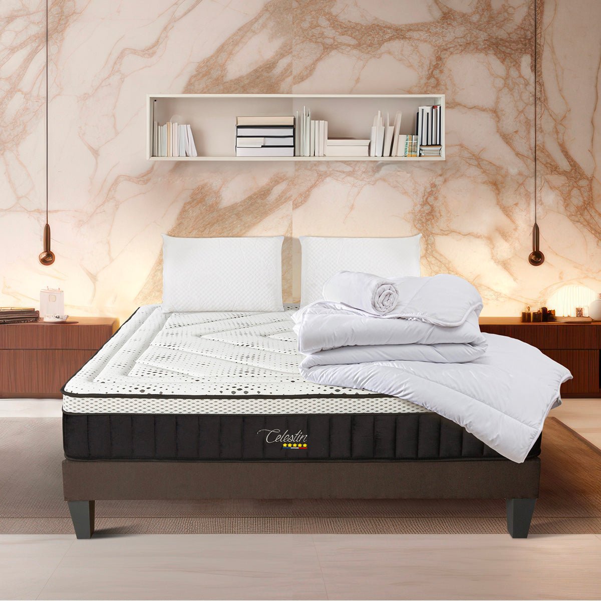 BELLECOUR LITERIE | Pack Prêt à dormir CELESTIN 2.0 160x200 cm | Matelas Mémoire de forme + Sommier + Accessoires blanc, BELLECOUR