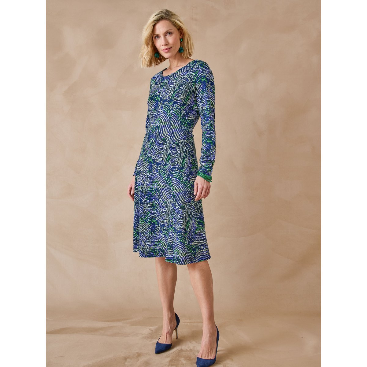 Robe fluide manches longues imprimé bleu, DAXON