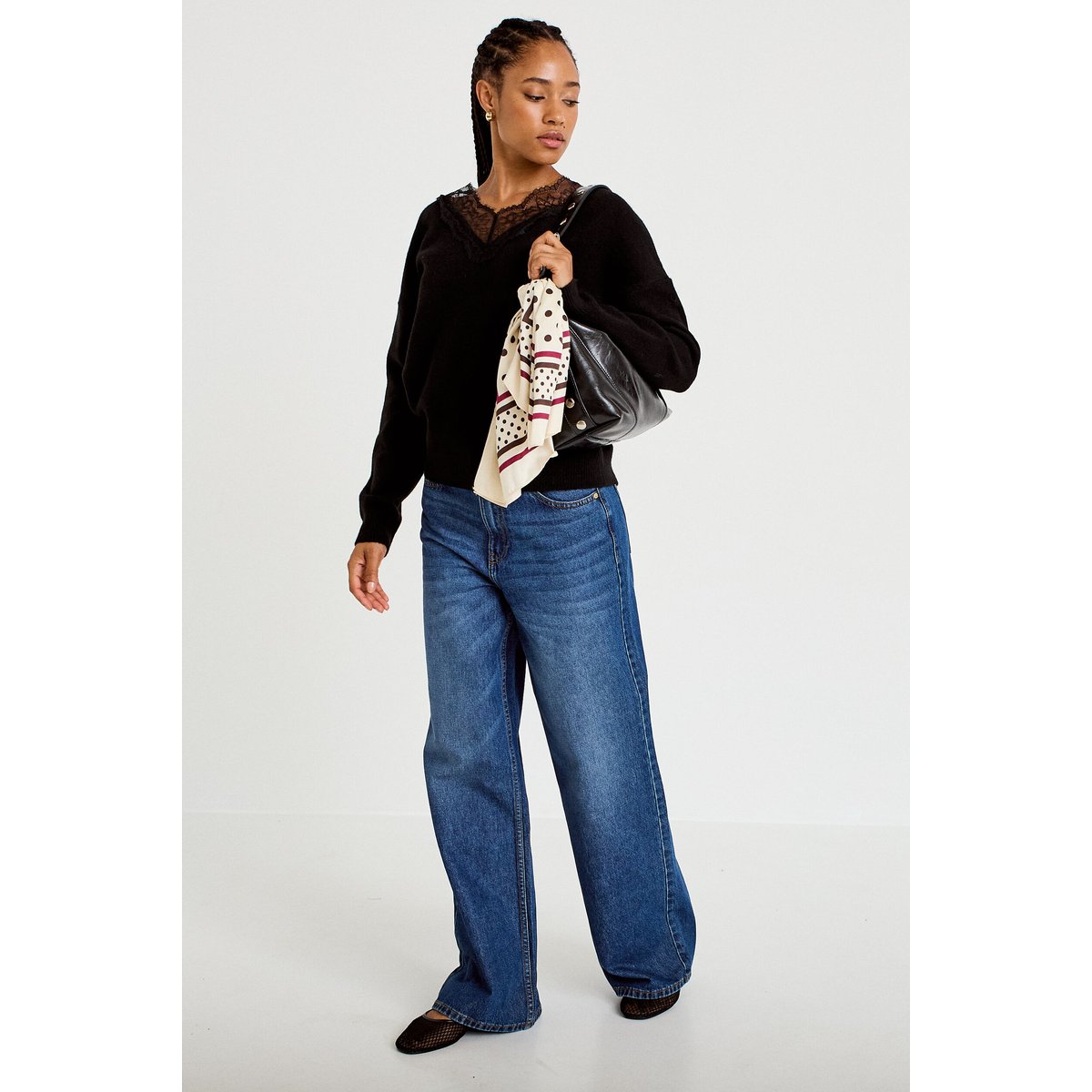Pull col v manches longues dentelle noir, CACHE CACHE