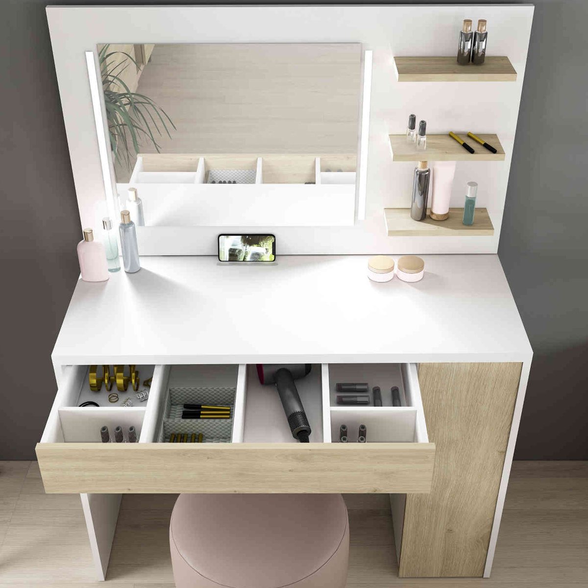 Coiffeuse avec miroir blanc, TERRE DE NUIT