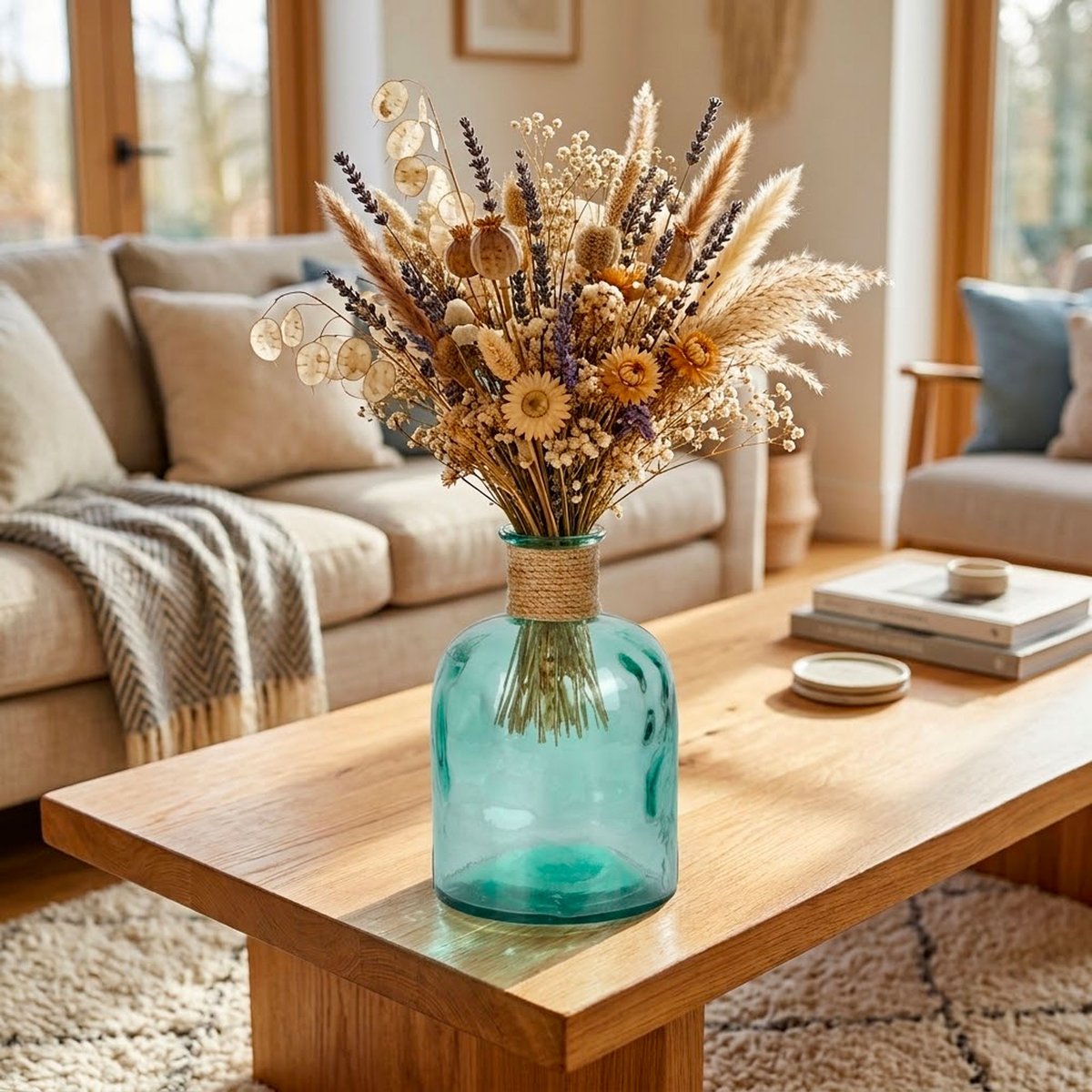 Vase rond en verre recyclé et corde en jute 15x15x25cm bleu, WADIGA