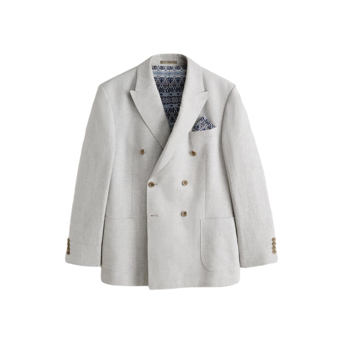 Blazer croisé en lin mélangé texturé gris clair, NEXT