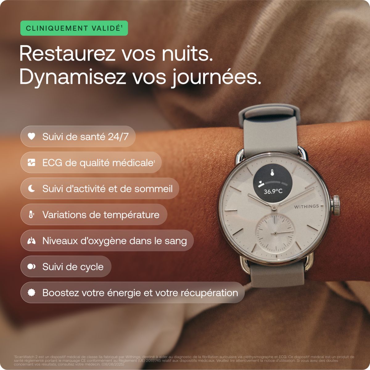 Montre santé ScanWatch 2 Rose Gold 38mm + bracelet milanese offert couleur unique, WITHINGS