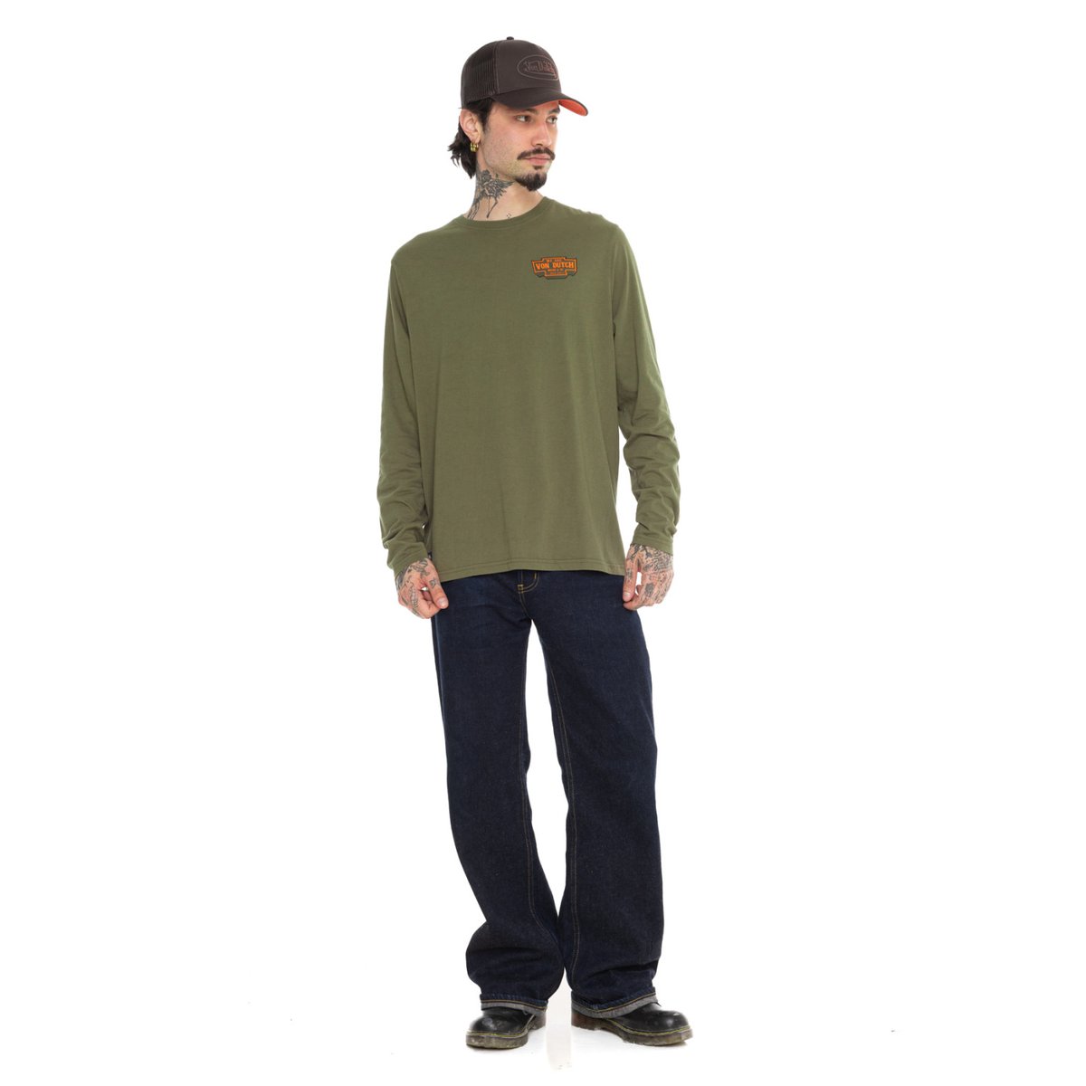 T-shirt homme regular manches longues jersey160GSM print devant Flynn kaki/noir/orange, VON DUTCH