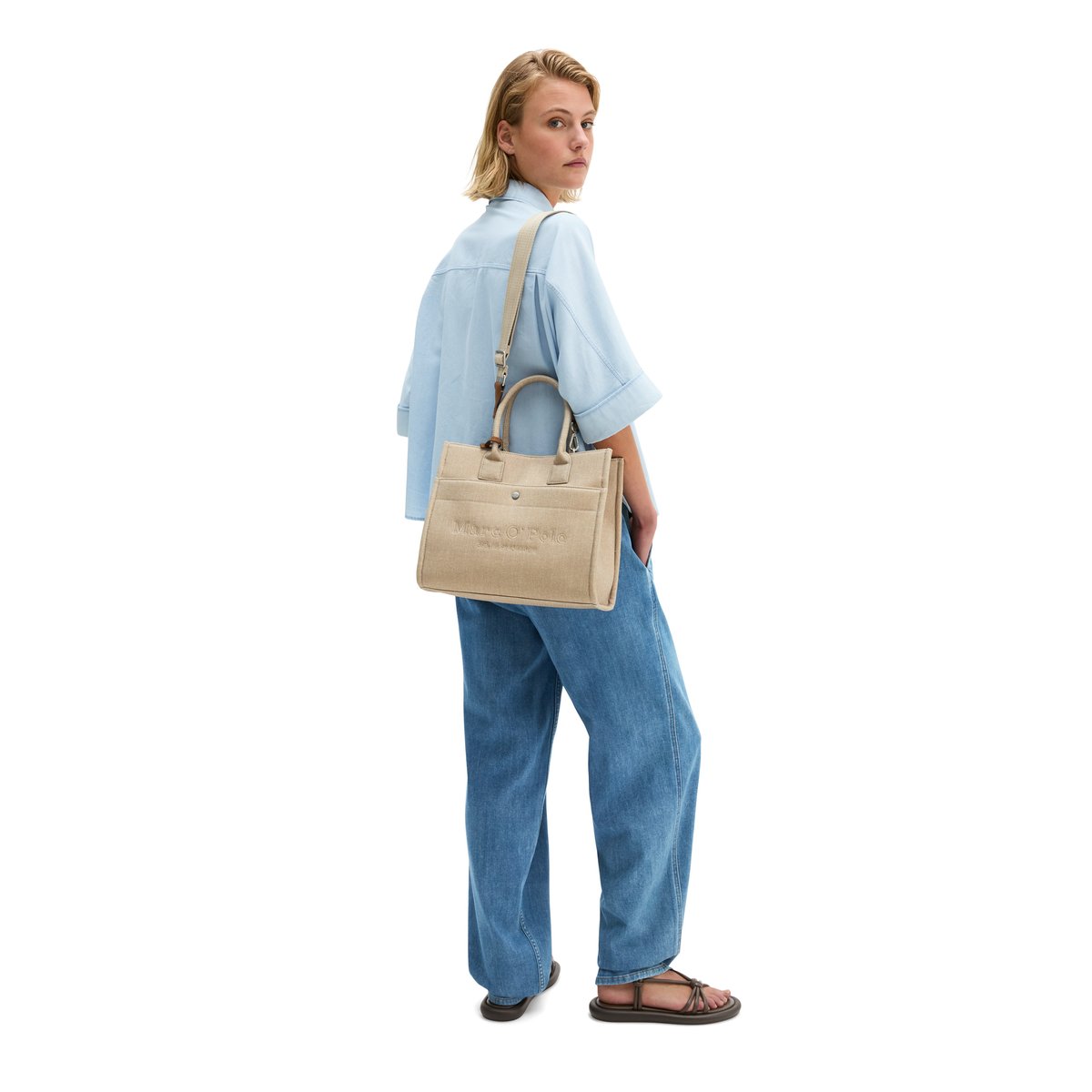 Shopper en toile modèle Mara moyen en coton organique robuste beige, MARC O'POLO