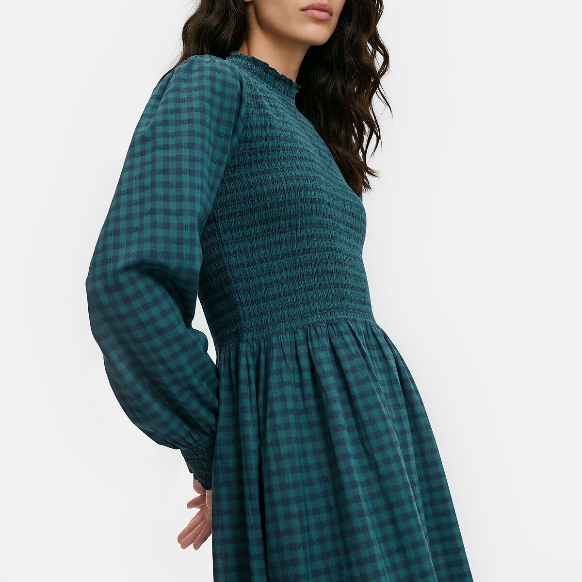 Robe midi à carreaux, manches longues, smockée carreaux bleu/vert, LA REDOUTE COLLECTIONS