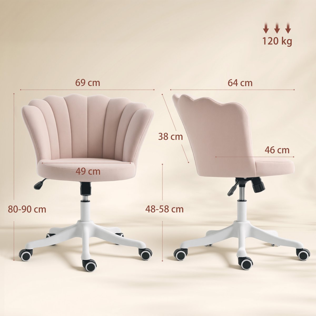 Chaise de bureau Velours (100% polyester) rose et blanc, HOMCOM