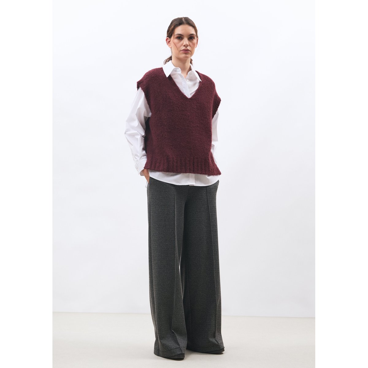 Pantalon large taille haute à motif pied de puces anthracite, HUMILITY