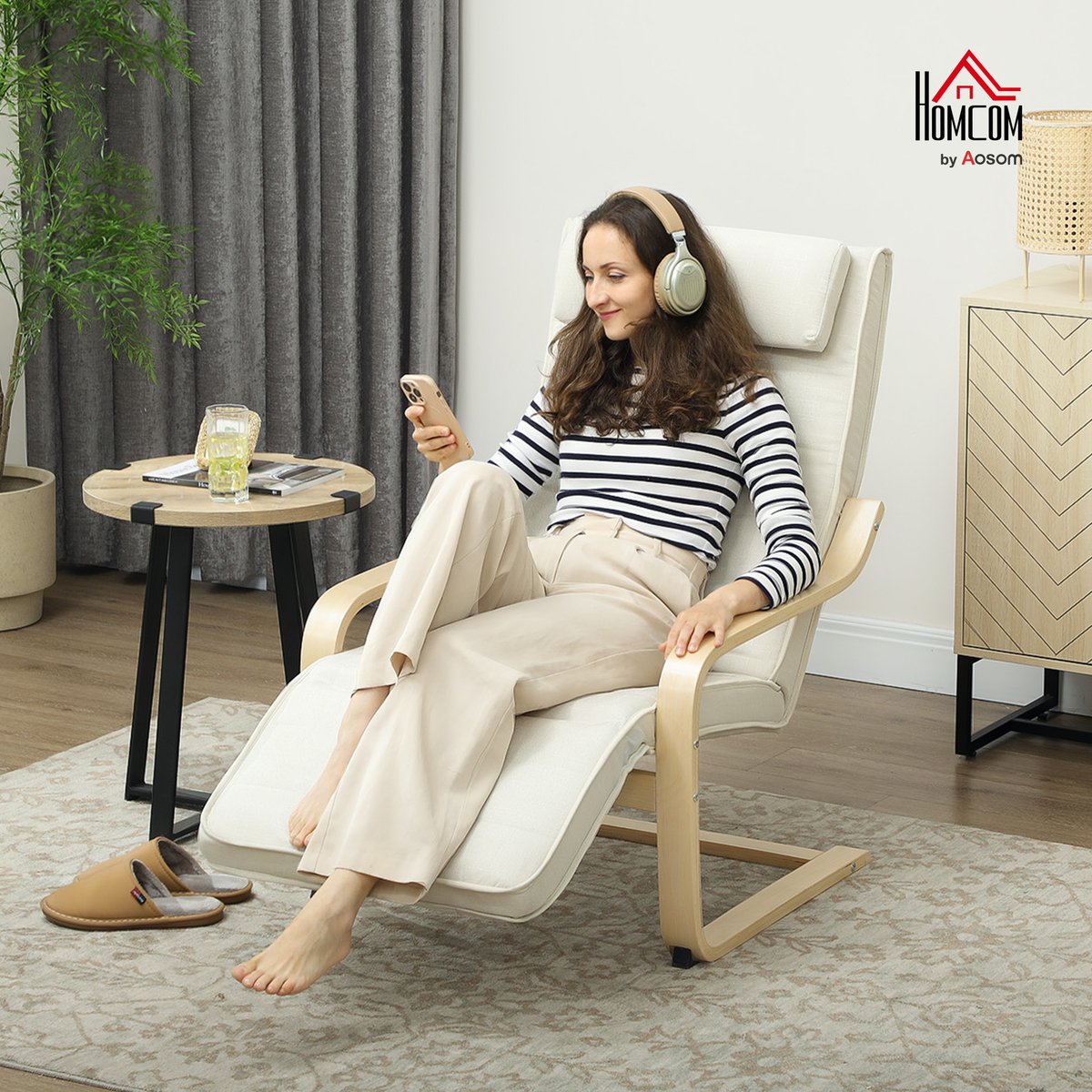 Accent Chair Lin Blanc crème, bois naturel, HOMCOM