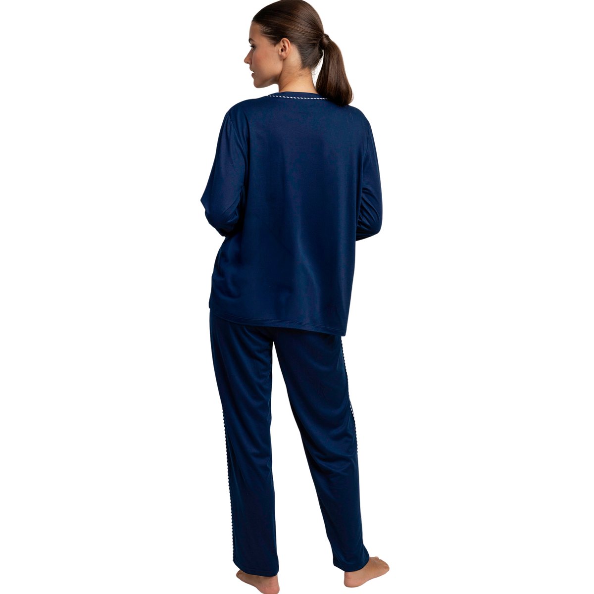 Pyjama pantalon top manches longues Luxury Pearl bleu marine, ADMAS