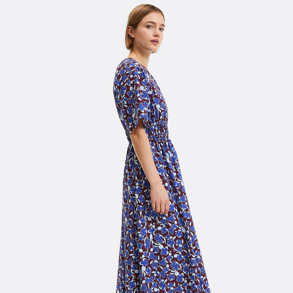 Robe évasée, imprimé floral, longue, manches courtes imprimé fond marron, LA REDOUTE COLLECTIONS
