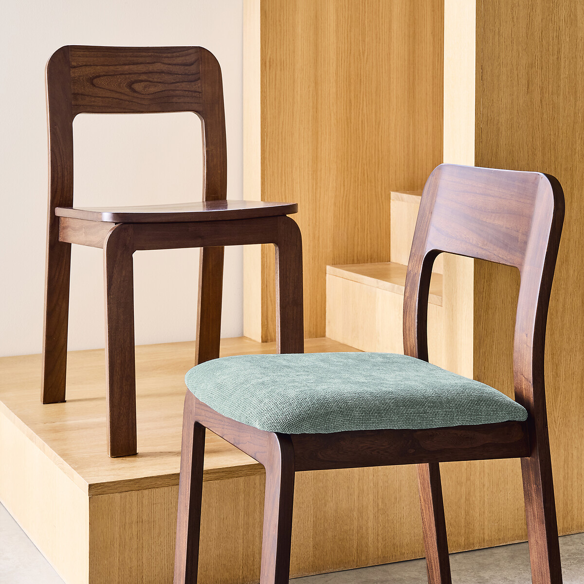 Set van 2 massief olm gestoffeerde stoelen Talet getint notenhout/blauw, LA REDOUTE INTERIEURS
