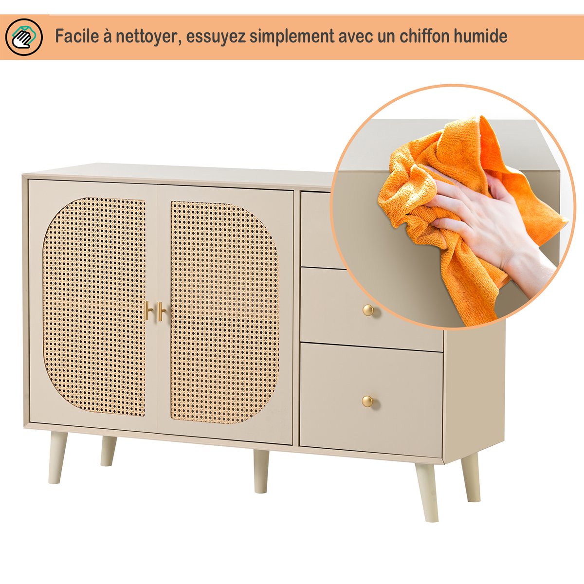 Armoire de rangement avec 2 portes 3 tiroirs et 6 couches, DAVEC Armoire crème, MEUBLES COSY