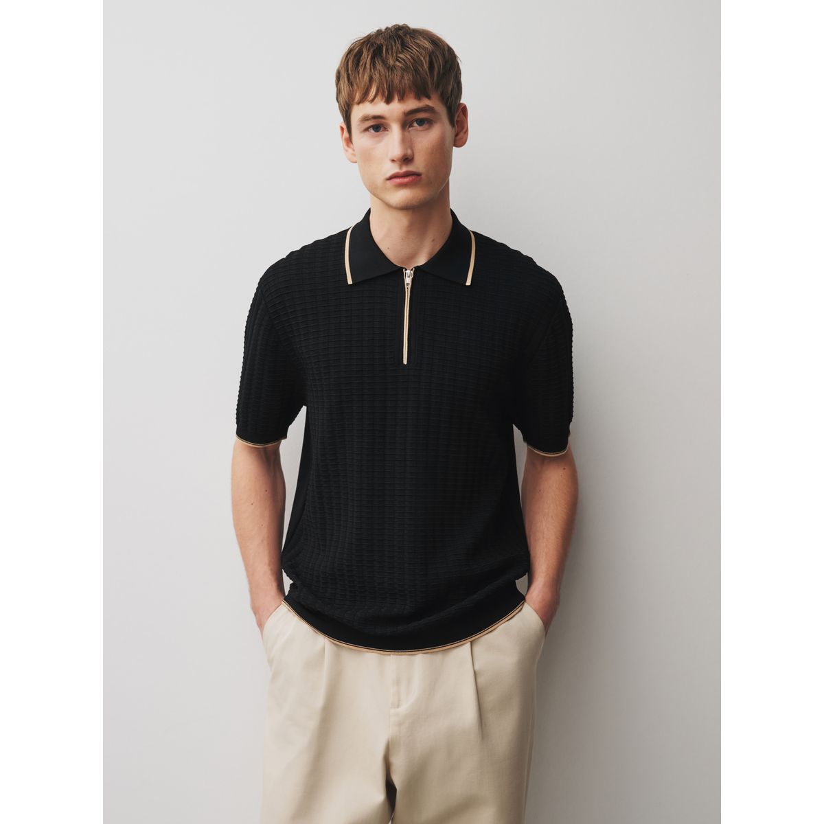 Polo à col zippé en maille gaufrée n. premium noir, NEXT