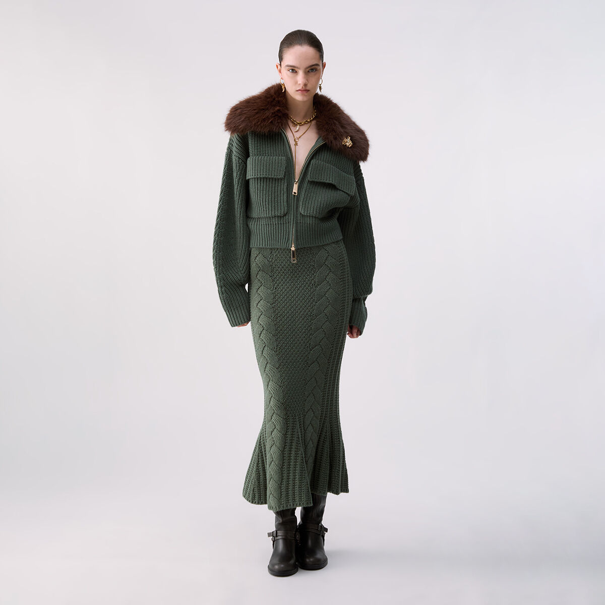Bomber en laine avec col teddy vert foncé, LIU JO