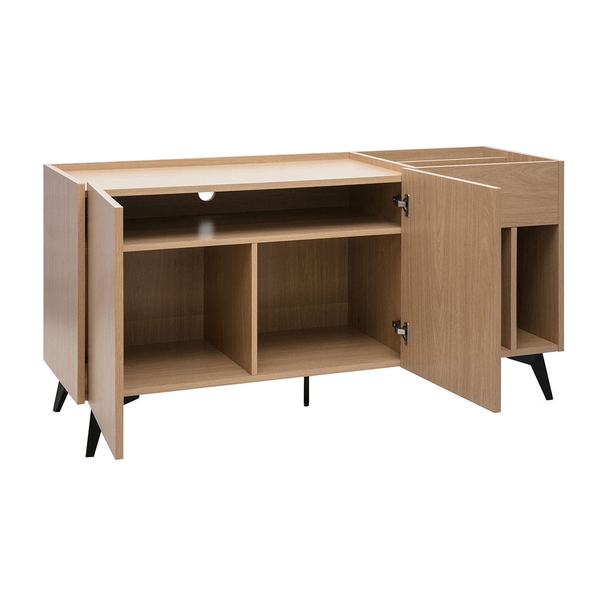 Buffet de rangement vinyles en bois foncé finiton noyer et métal noir L140 cm SEDA chêne clair, MILIBOO