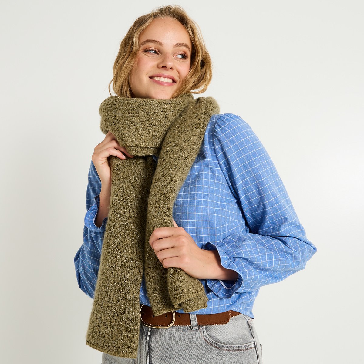 Écharpe fluffy unie vert kaki, GRAIN DE MALICE