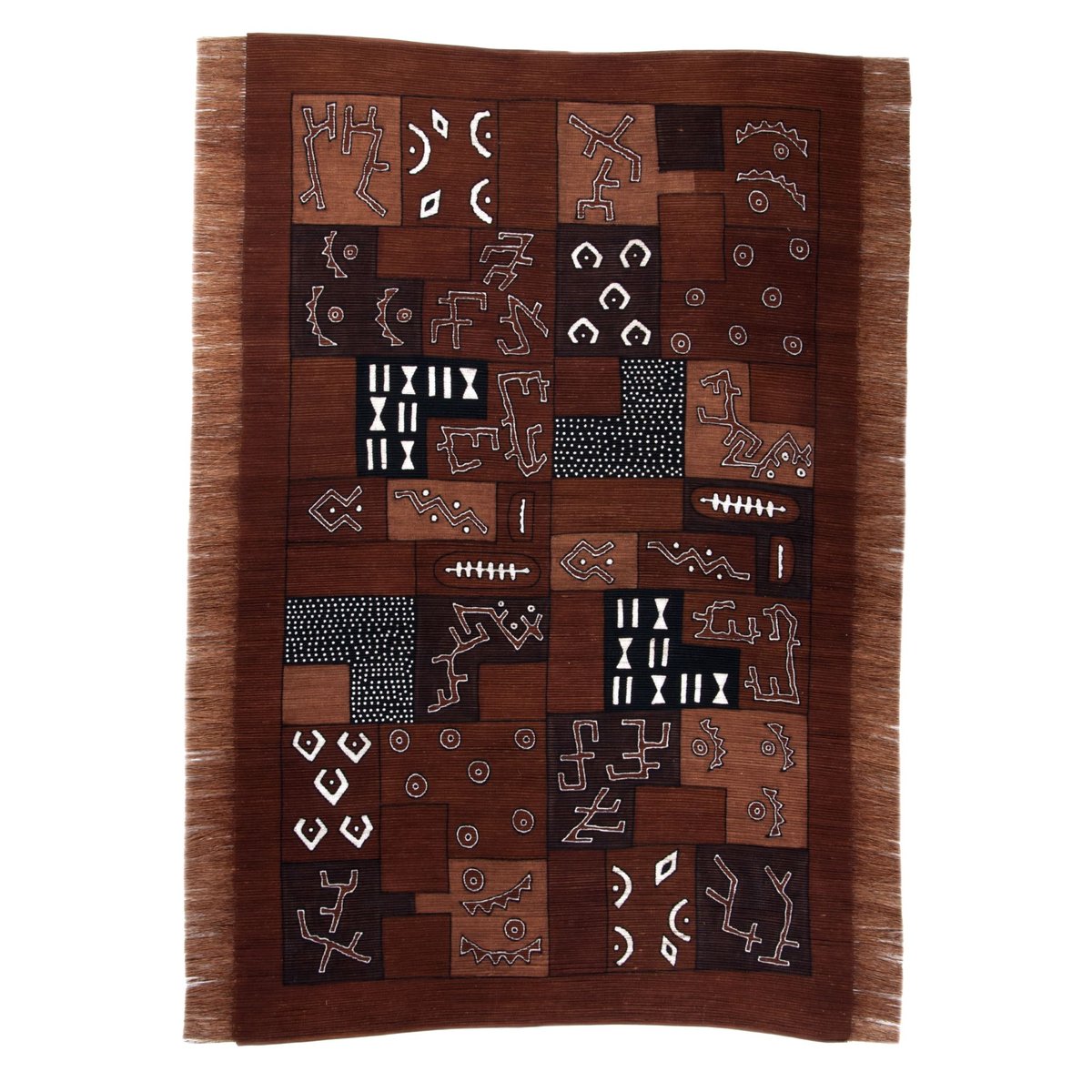 Tapis salon Bogolan fait main, plat, franges cuivre, THEKO