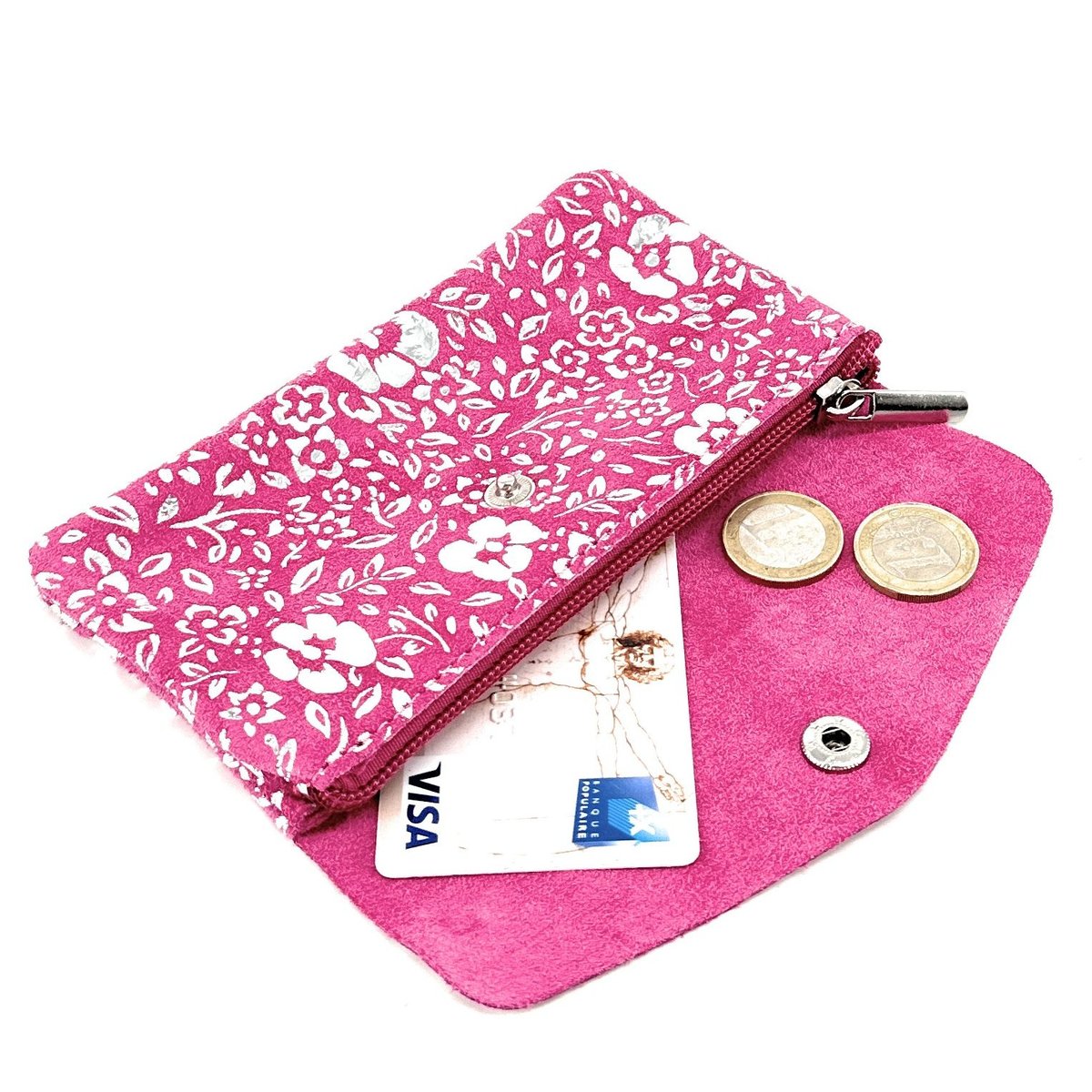 Pochette porte-monnaie en croute de cuir COMPO BLOOM rose intense, OH MY BAG